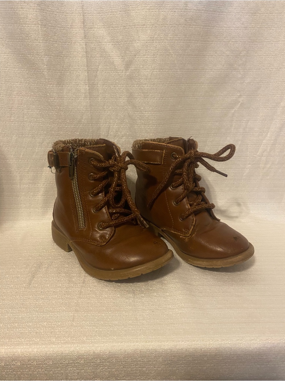 Girl’s Brown Lace-Up Ankle Boots with Side Zipper and Wedge Heel